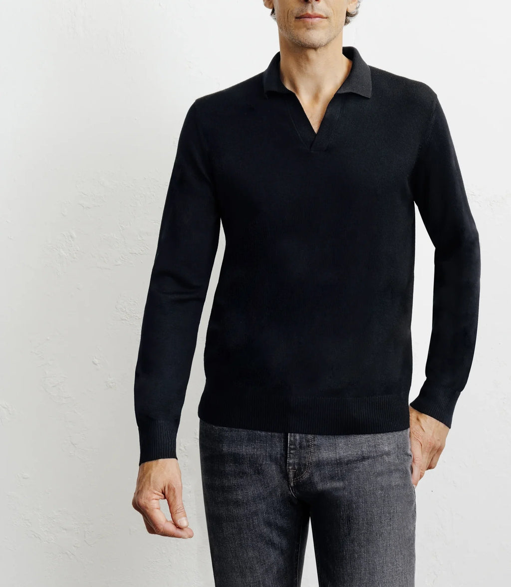 Pull col polo en laine mérinos noir - IZAC