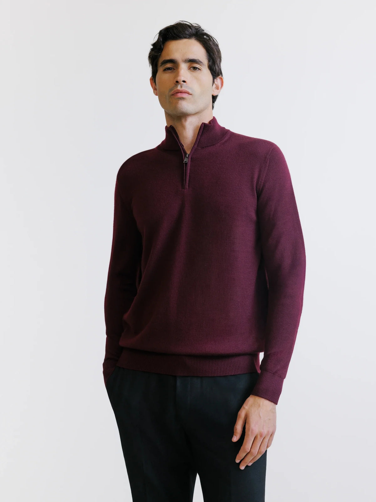 Pull demi-zippé en laine mérinos bordeaux - IZAC