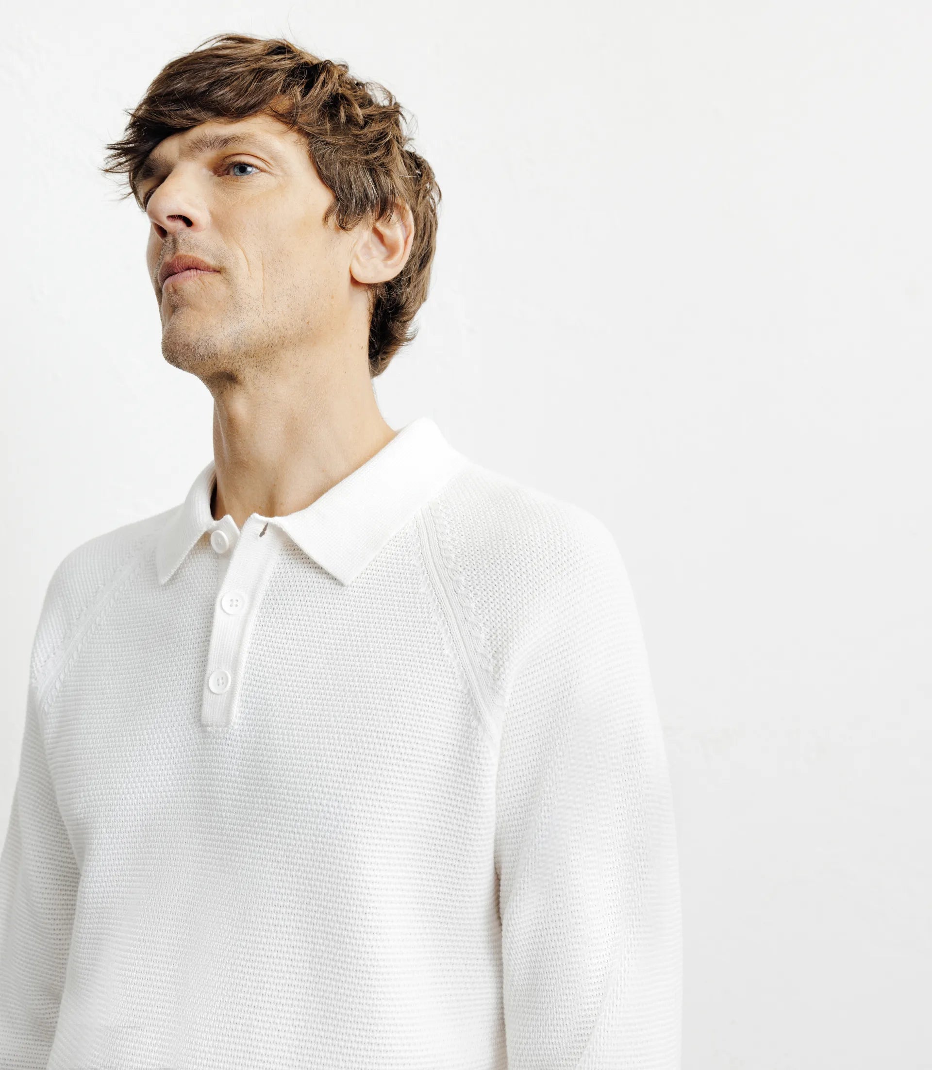 Pull col polo boutonné jeux de points écru - IZAC