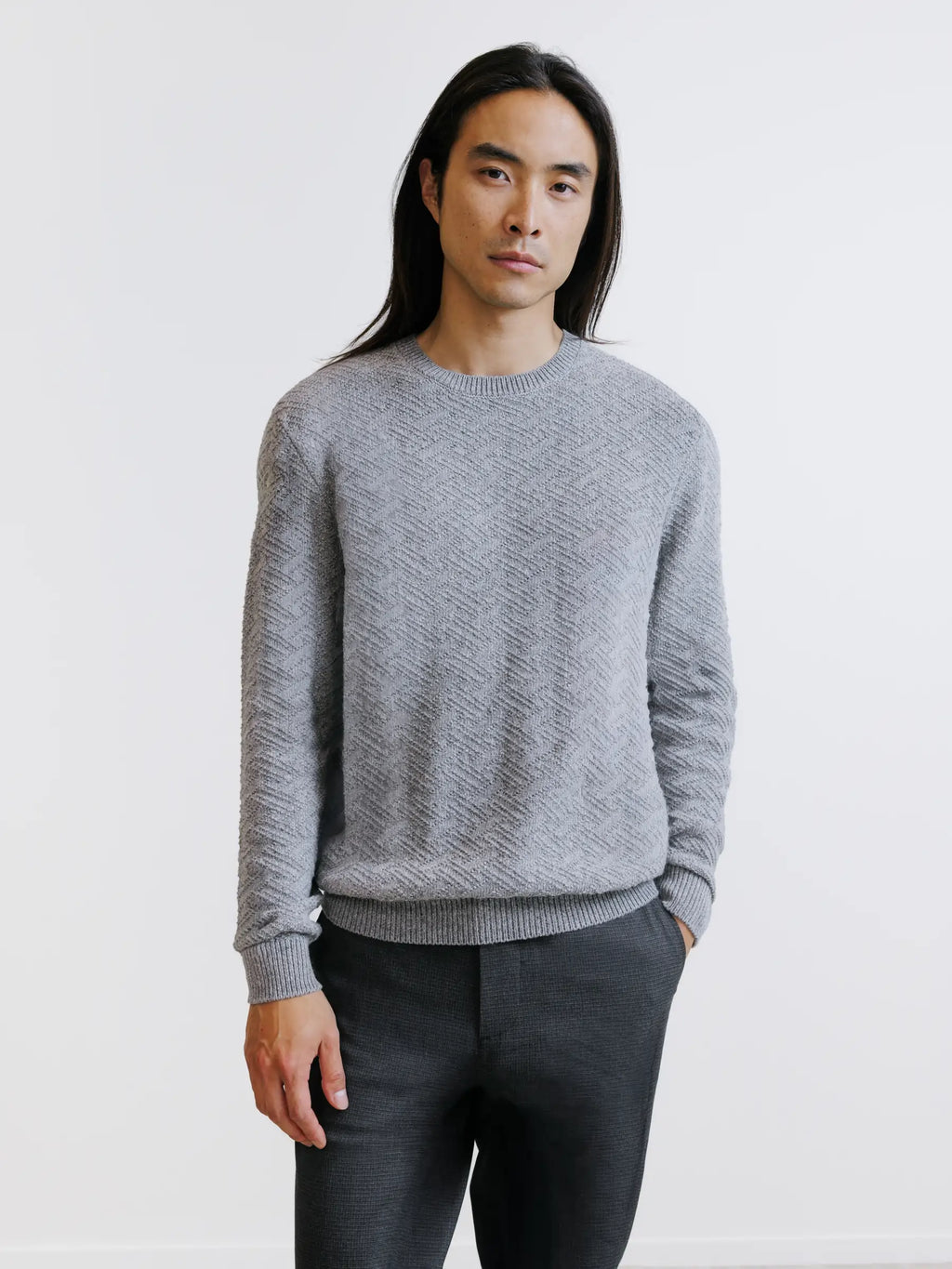Pull jacquard col rond gris - IZAC