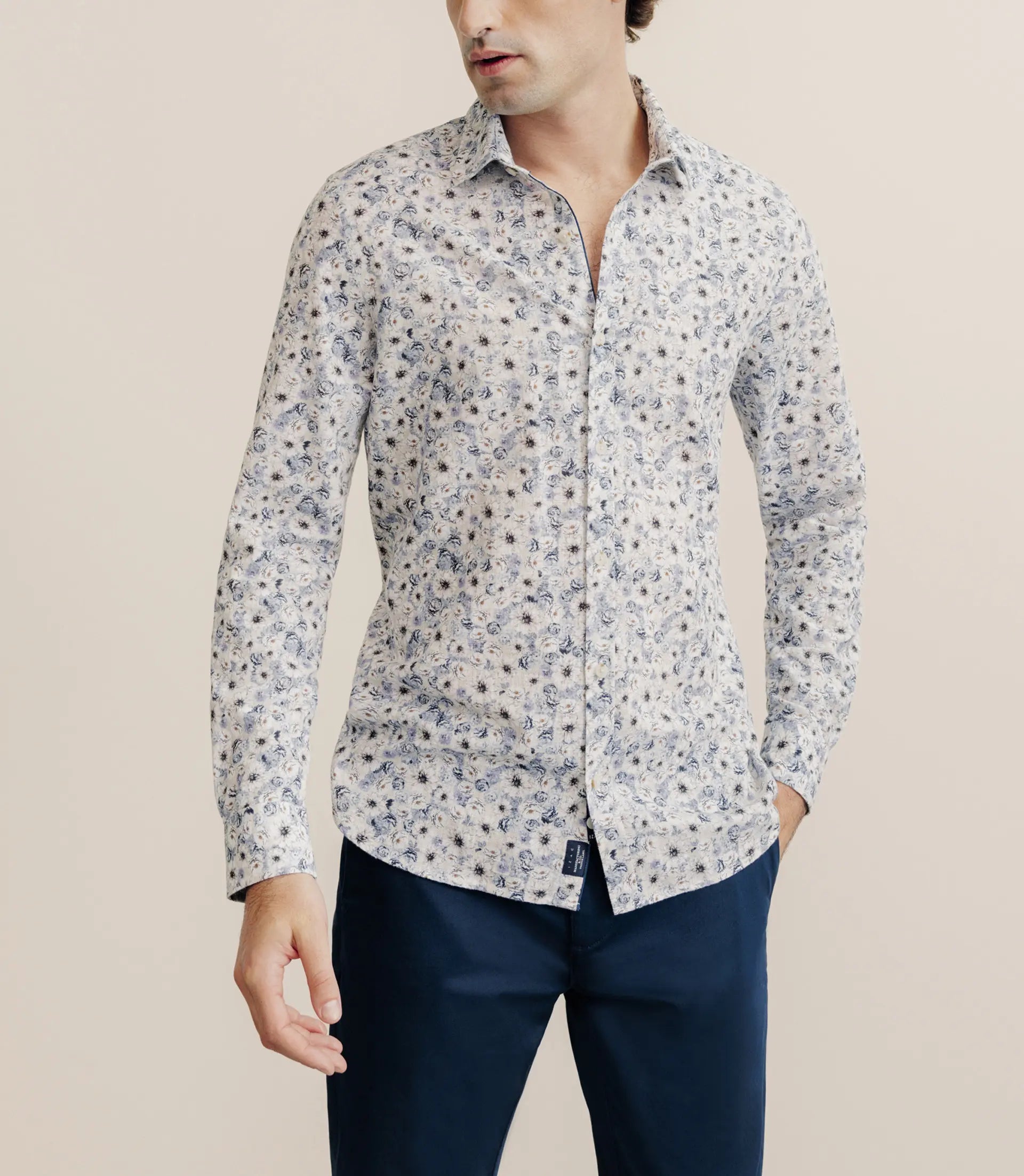 Chemise à fleurs 100% coton bleu - IZAC