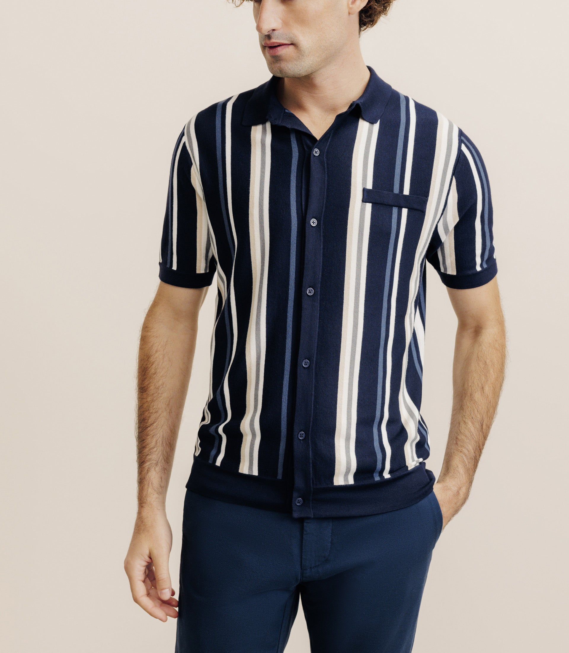 Polo boutonné en maille rayé marine - IZAC