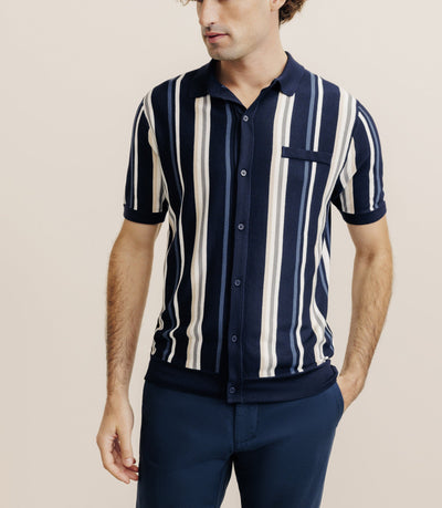Polo boutonné en maille rayé marine - IZAC