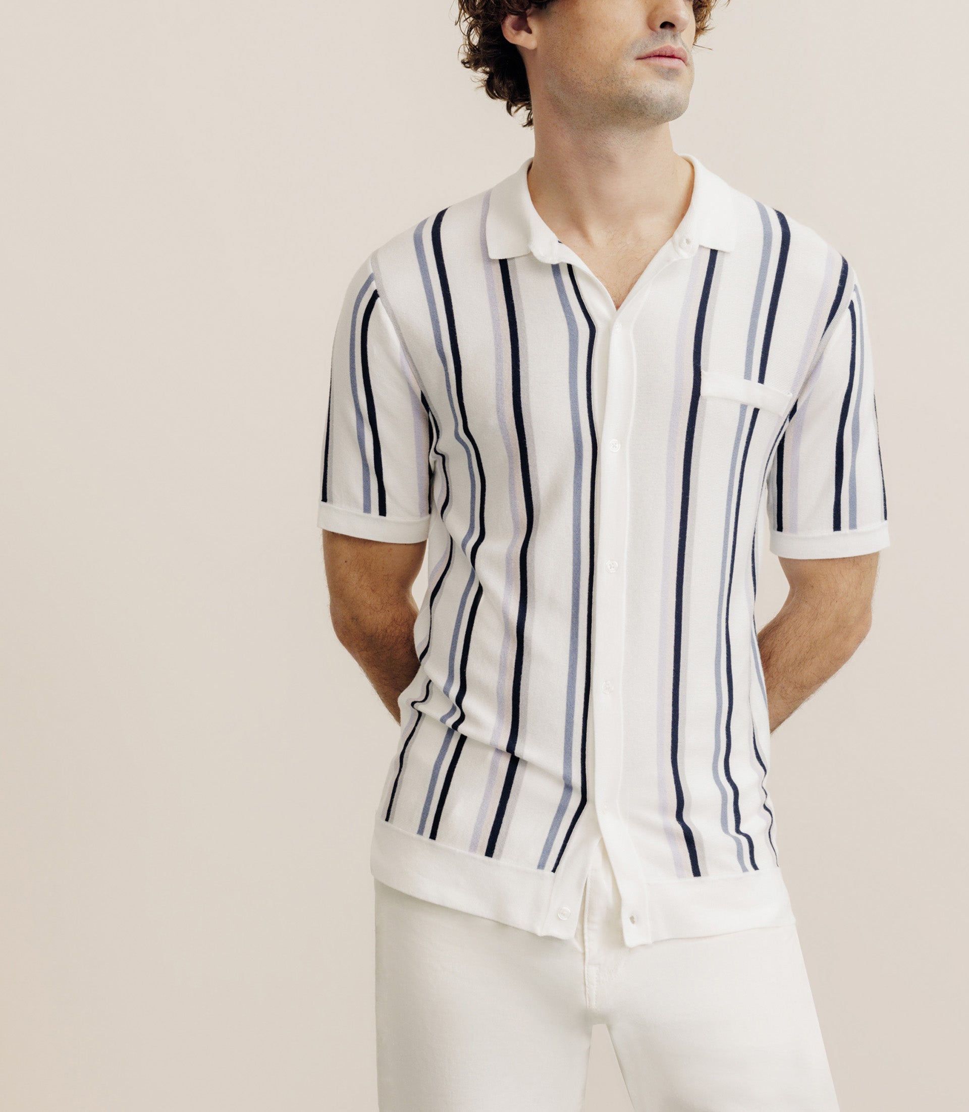 Polo boutonné en maille rayé écru - IZAC