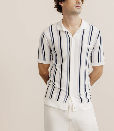 Polo boutonné en maille rayé écru - IZAC