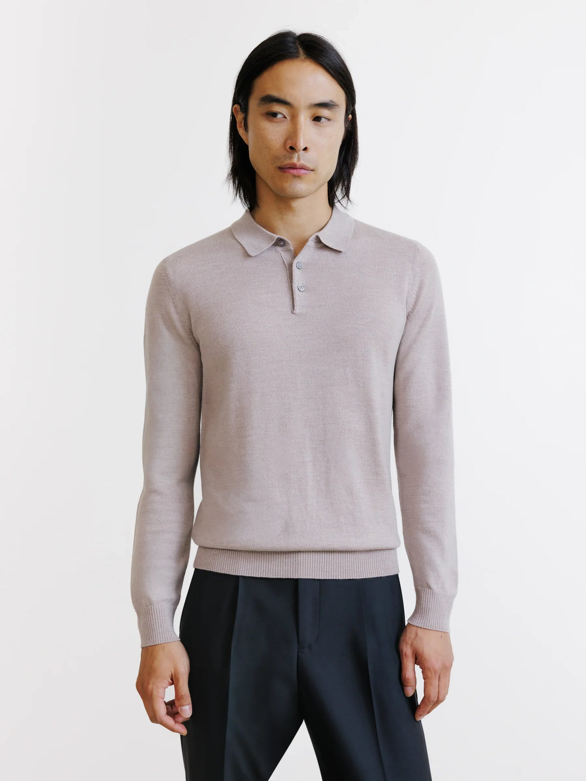 Pull à col polo boutonné en laine mérinos beige - IZAC