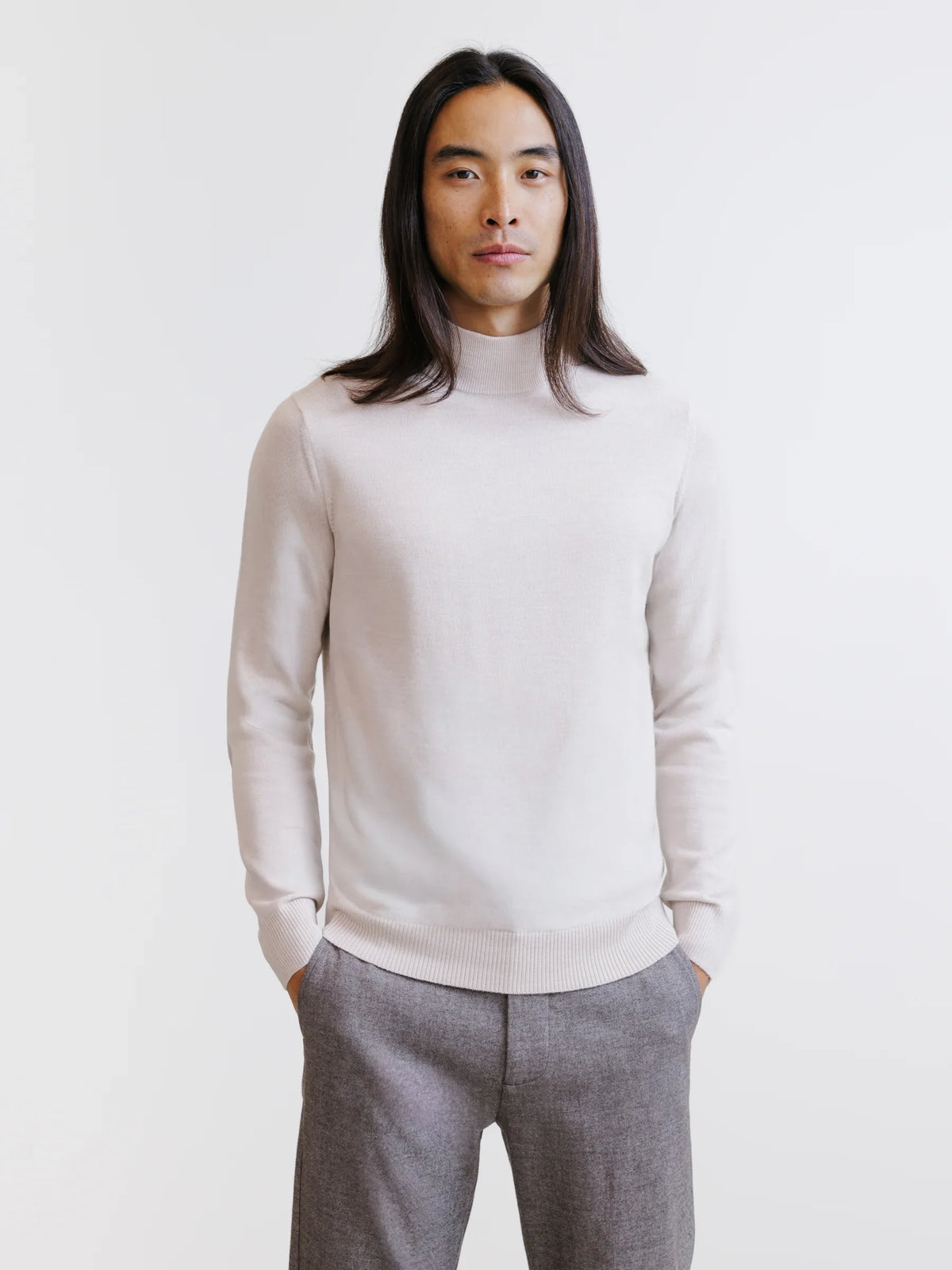 Pull col cheminée en laine mérinos beige clair - IZAC
