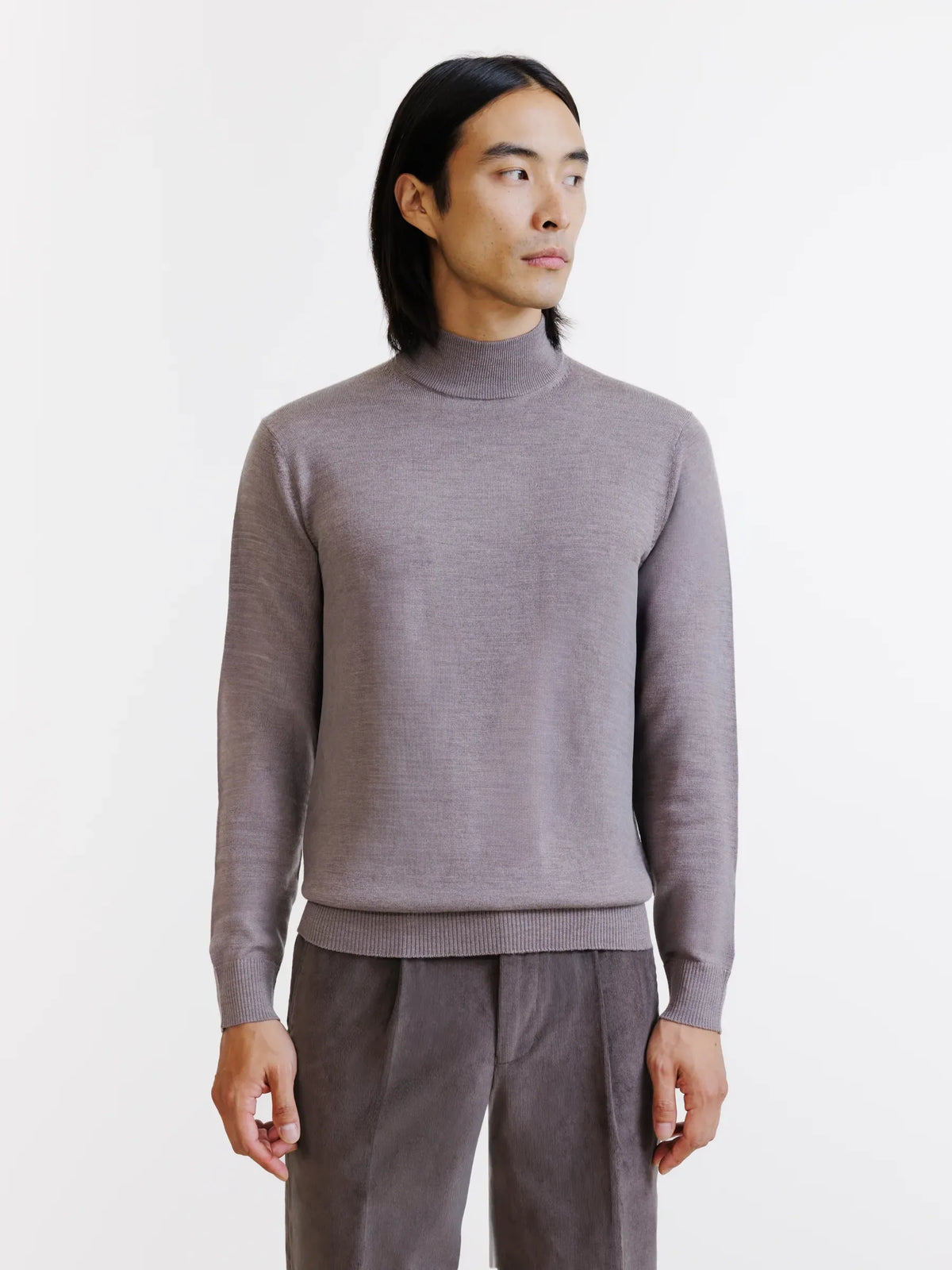 Pull col cheminée en laine mérinos châtain - IZAC