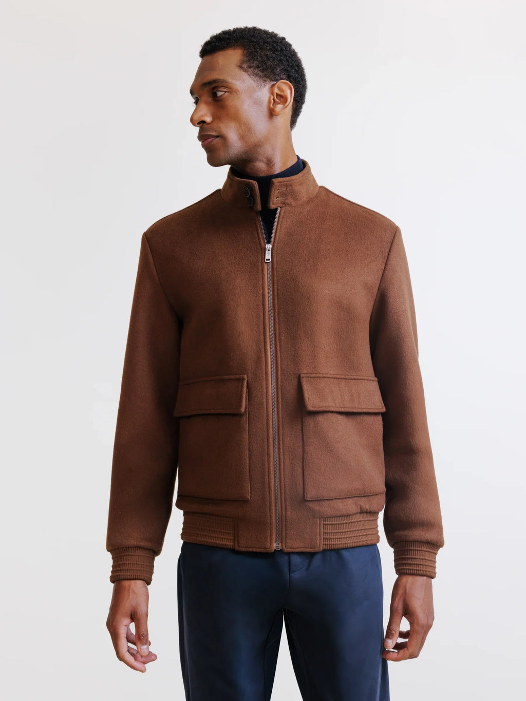 Blouson col motard en laine mélangée marron - IZAC