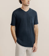 T-shirt col V 100% lin marine - IZAC
