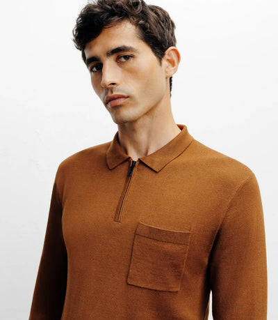 Pull col polo zippé en maille fine bronze - IZAC