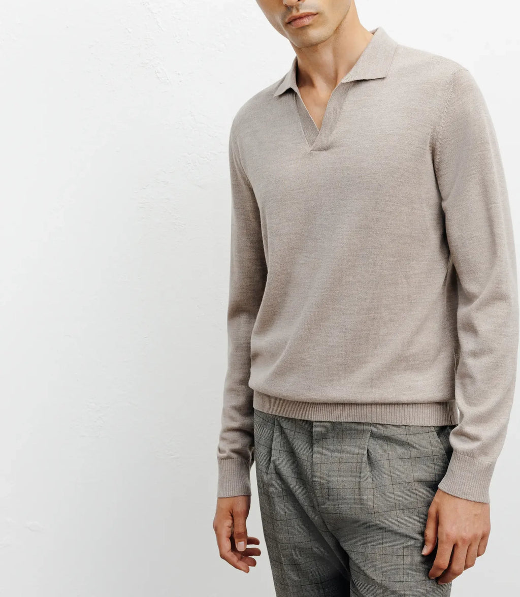 Pull col polo en laine mérinos beige - IZAC
