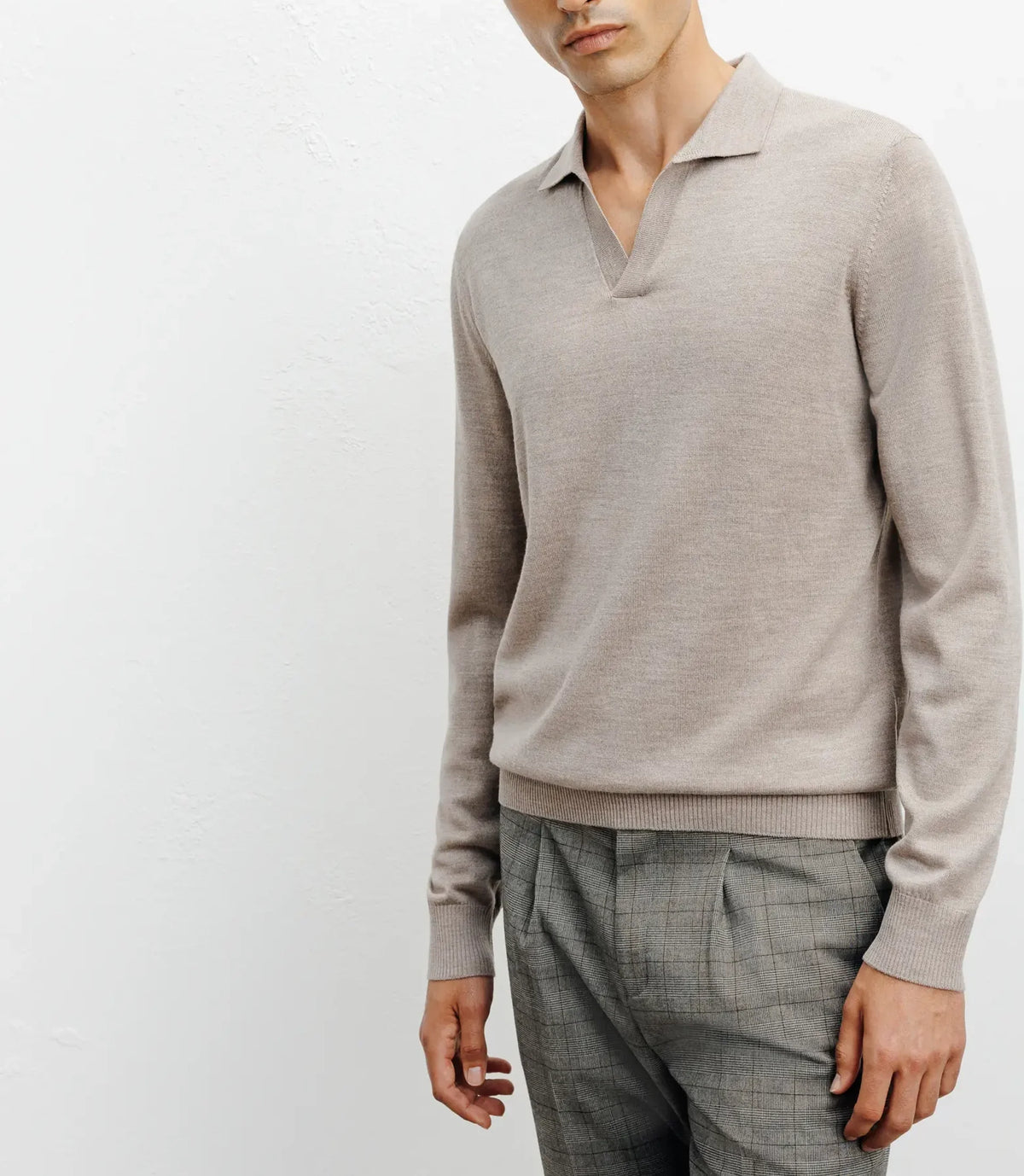 Pull col polo en laine mérinos beige - IZAC