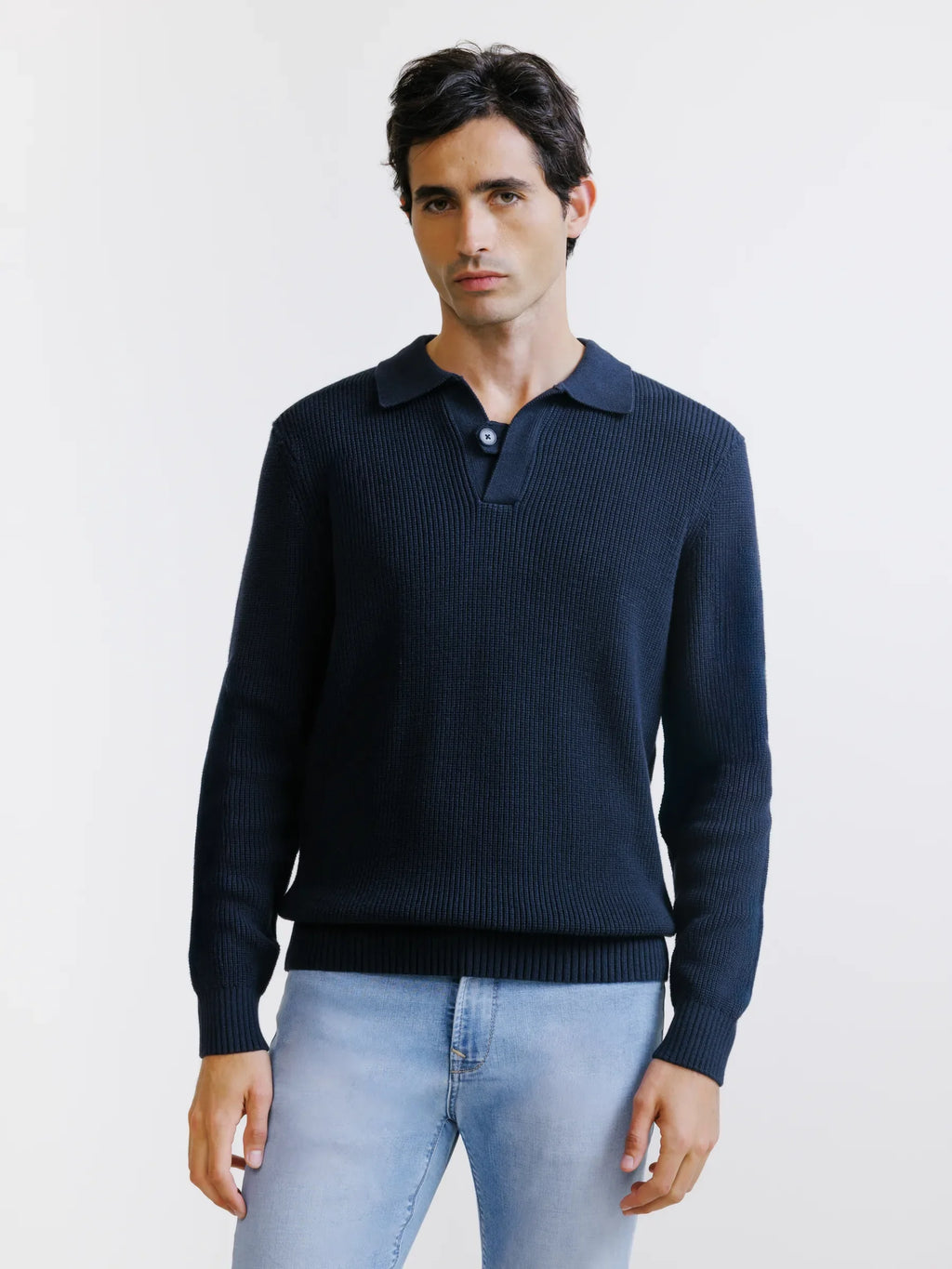 Pull col polo ouvert 1 bouton marine - IZAC
