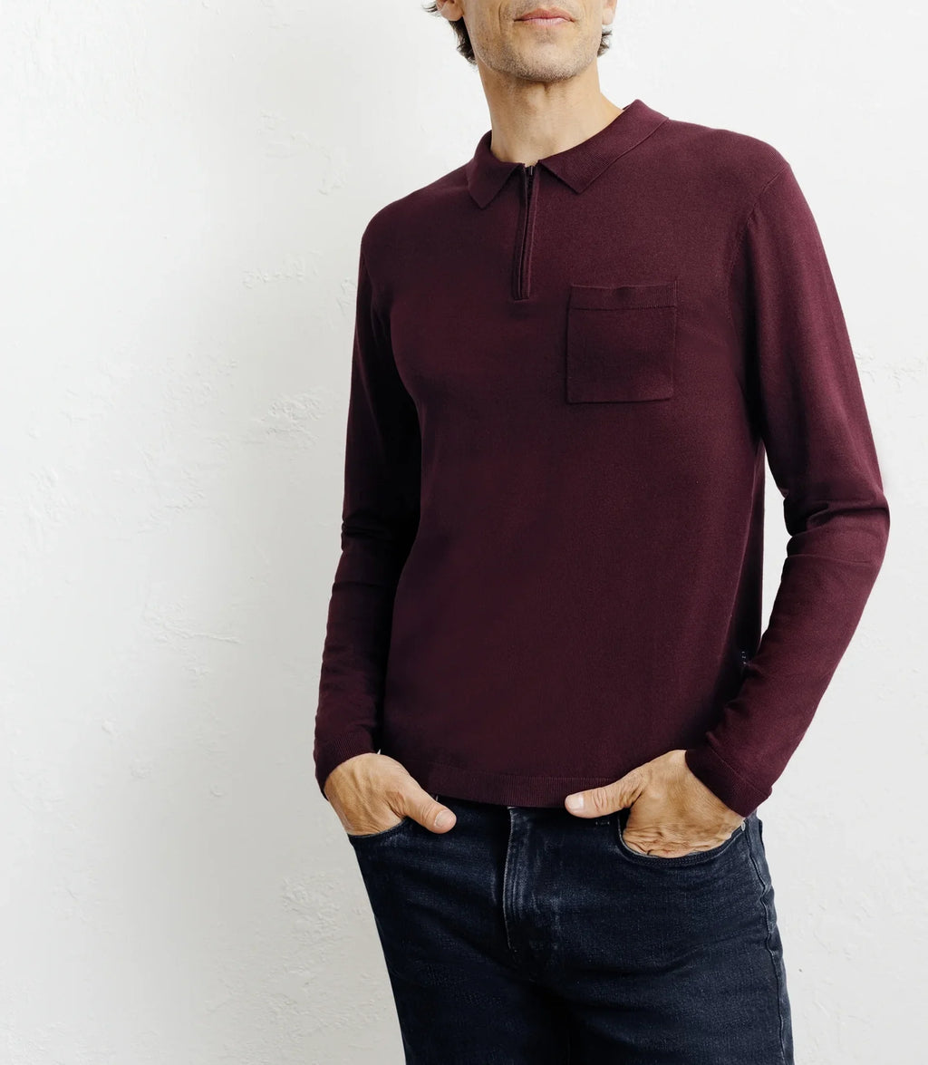 Pull col polo zippé en maille fine bordeaux foncé - IZAC