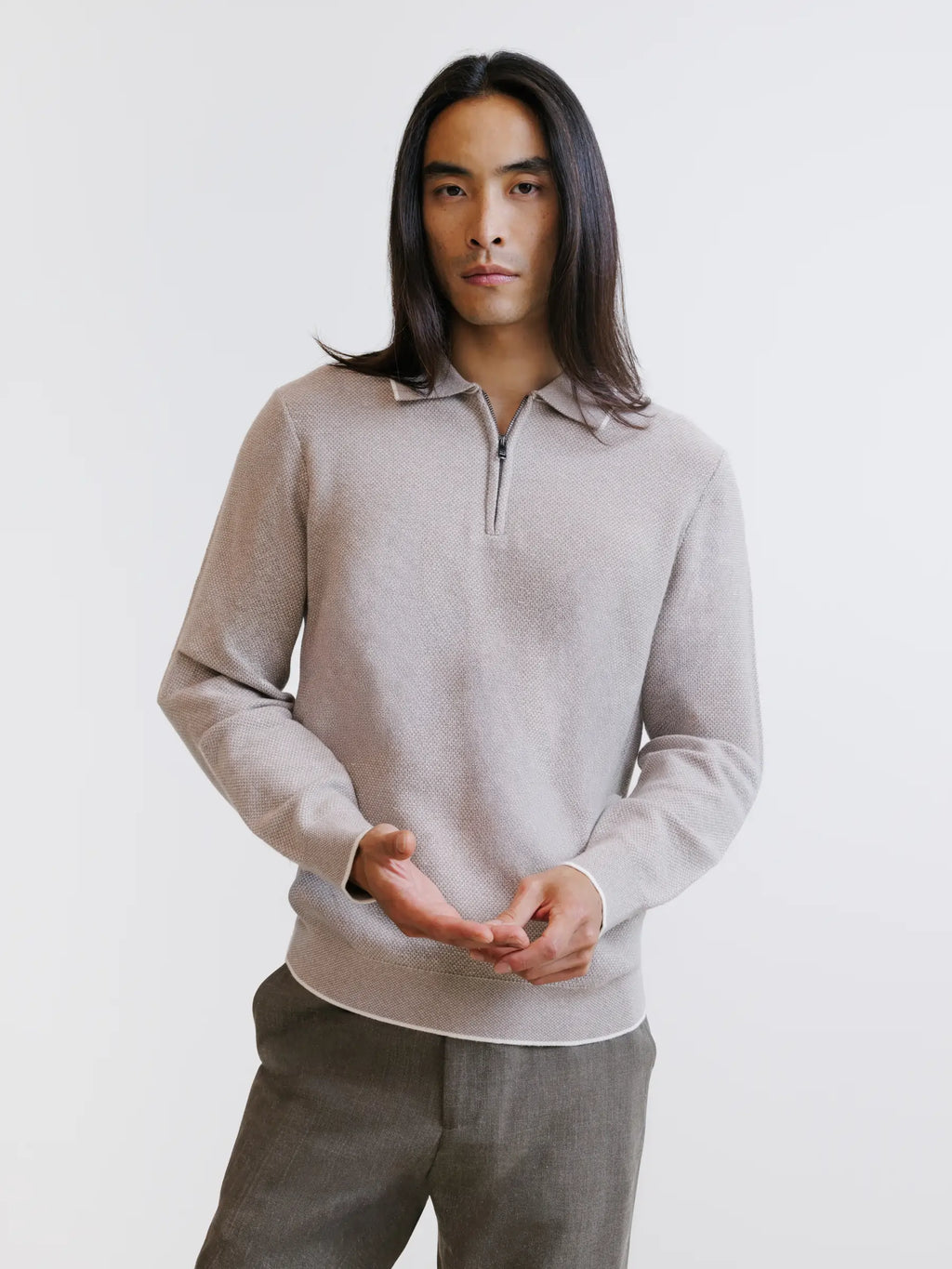 Pull col polo zippé beige - IZAC