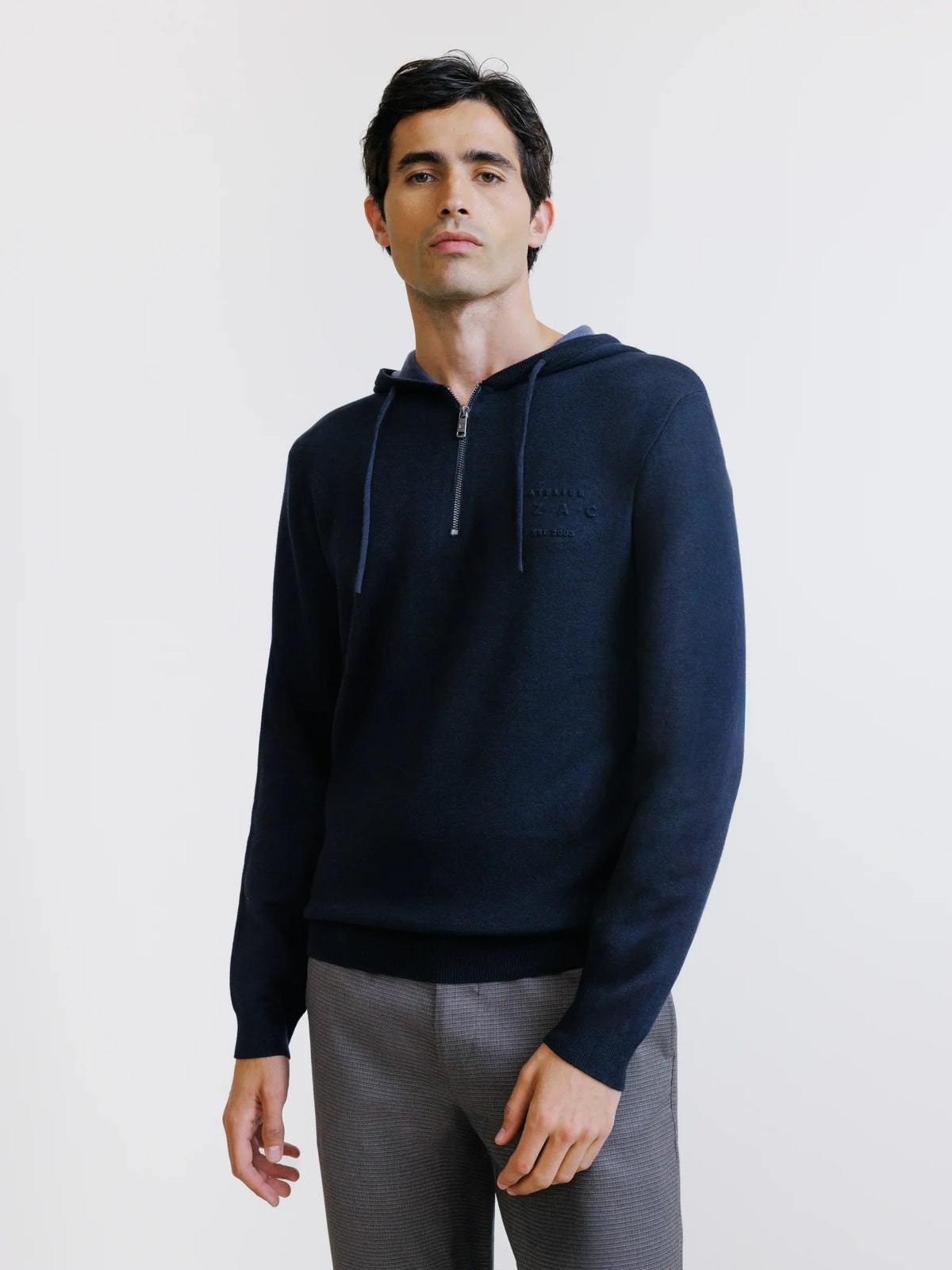 Hoodie en maille à capuche demi-zippé marine - IZAC