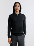 Pull col polo boutonné en laine mérinos noir - IZAC