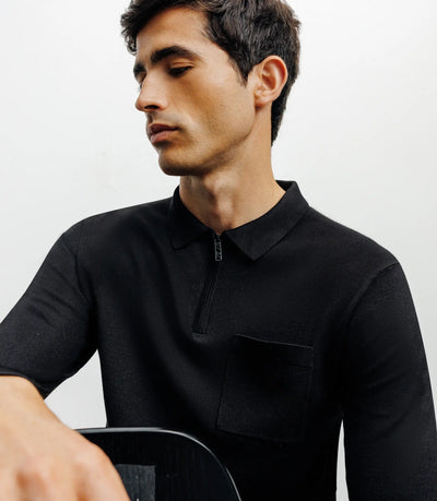 Pull col polo zippé en maille fine noir - IZAC