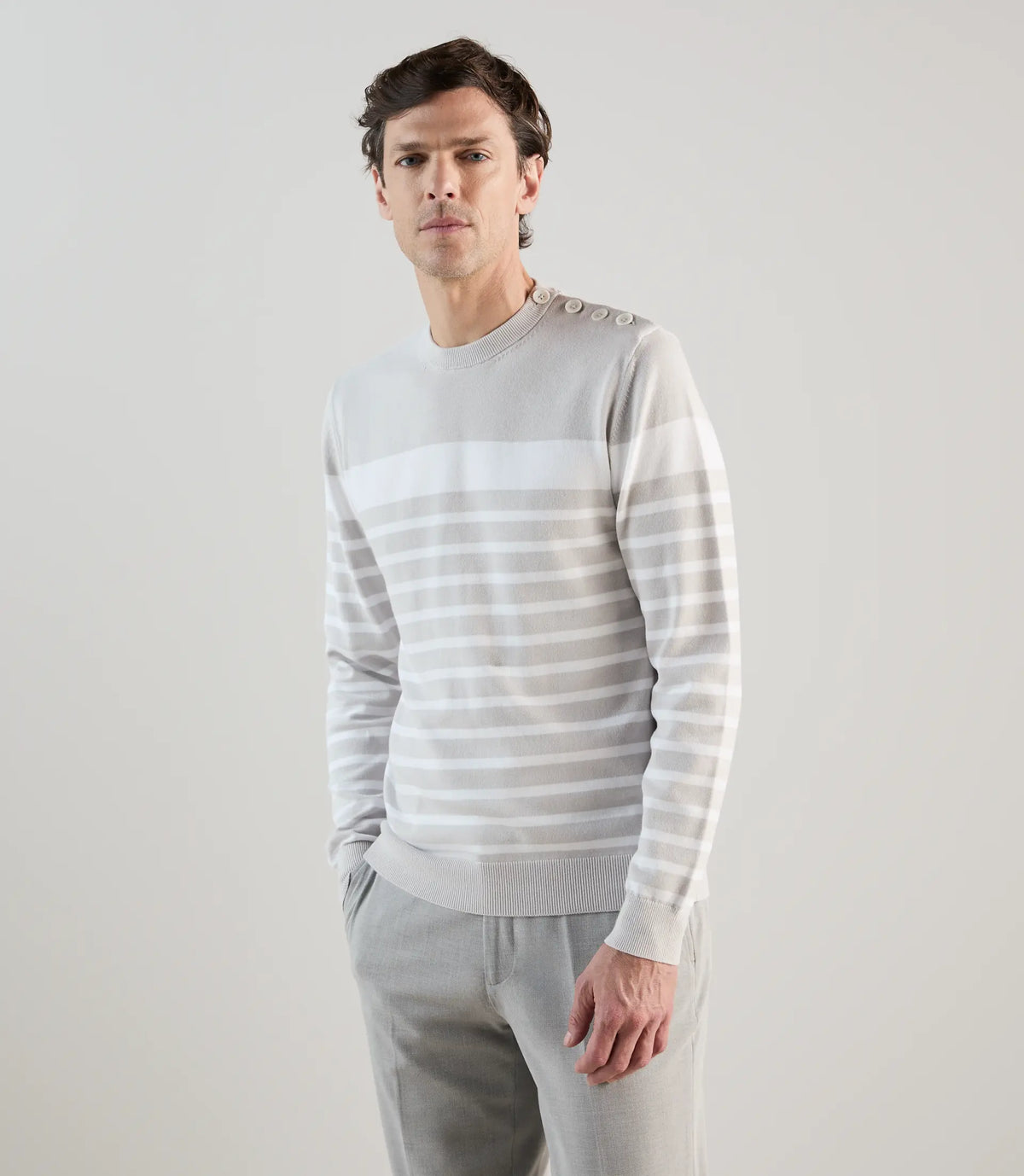 Pull col rond à rayures gris perle - IZAC