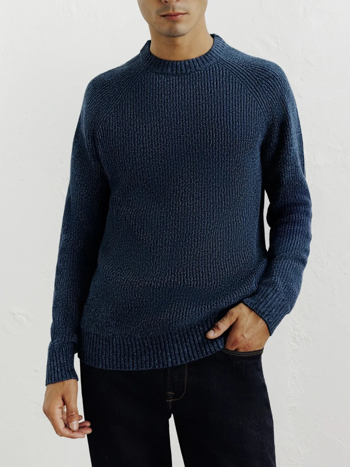 Pull col rond mouliné marine - IZAC