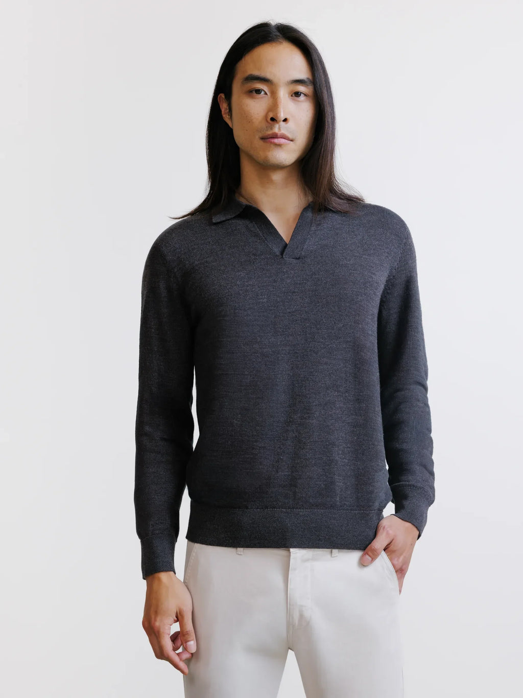 Pull col polo en laine mérinos réglisse - IZAC