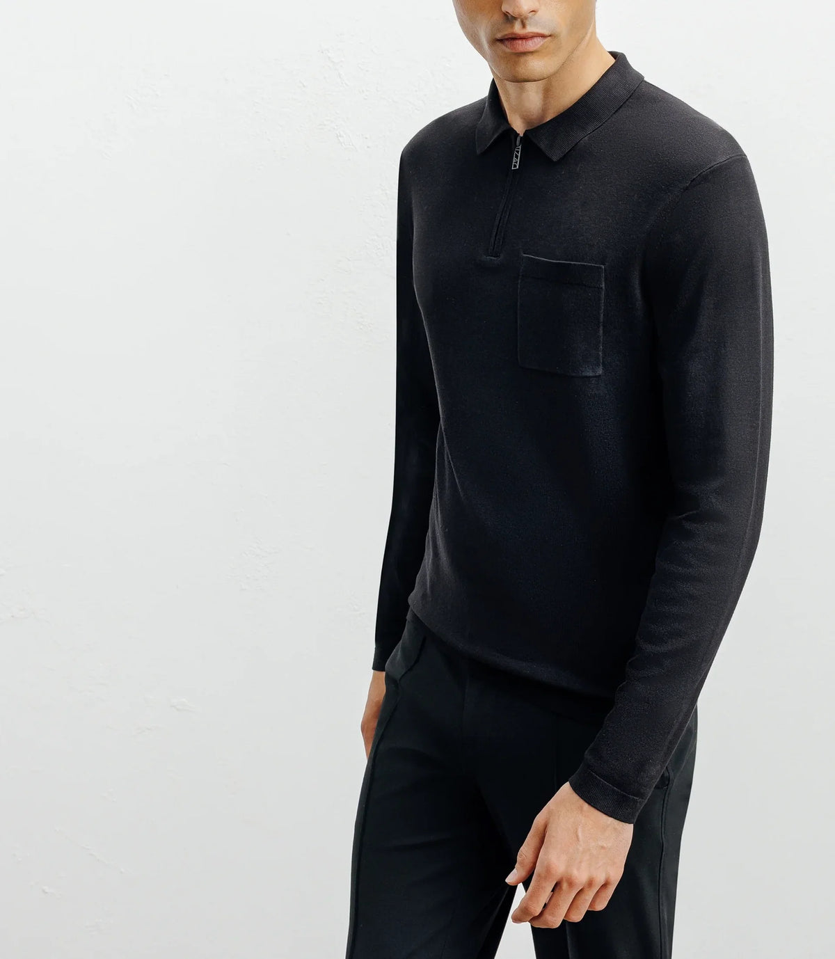Pull col polo zippé en maille fine noir - IZAC