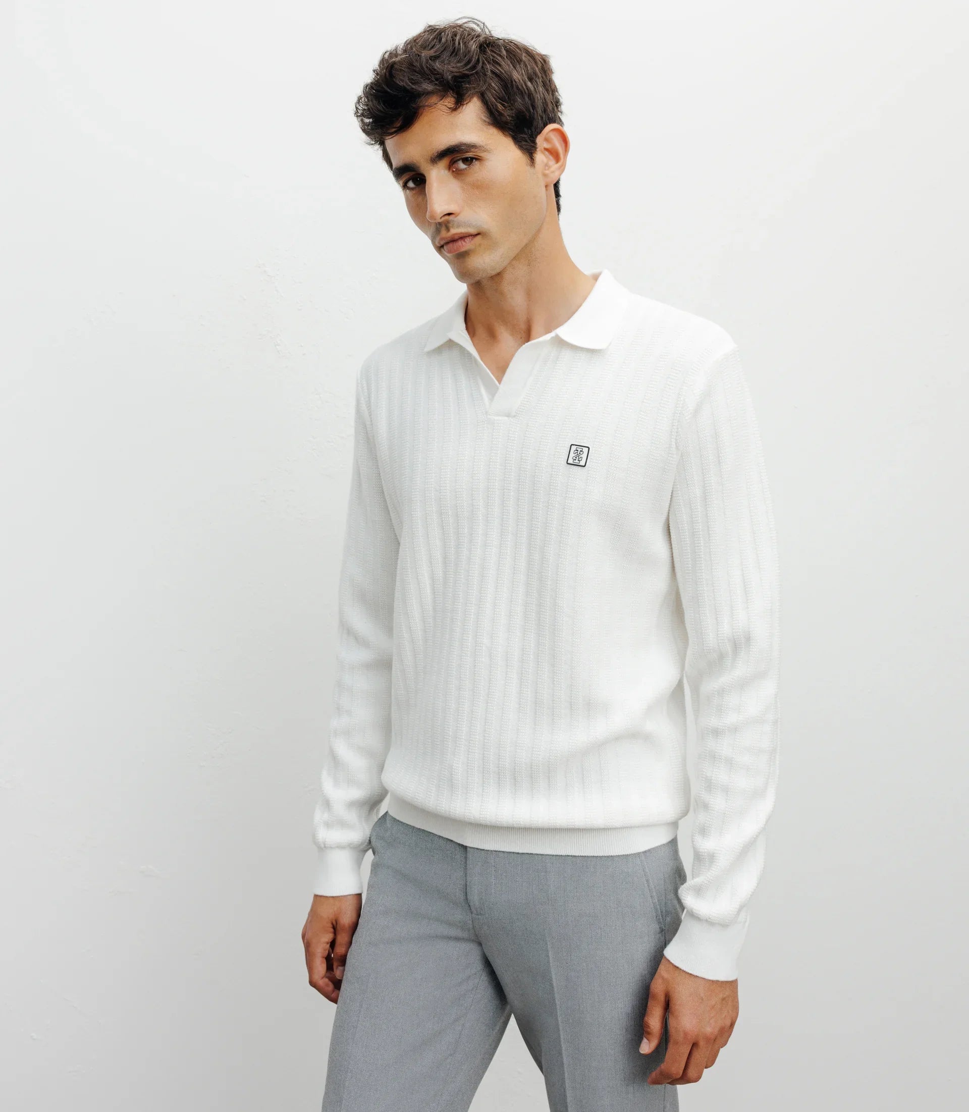 Pull col polo ouvert jeux de points ecru - IZAC