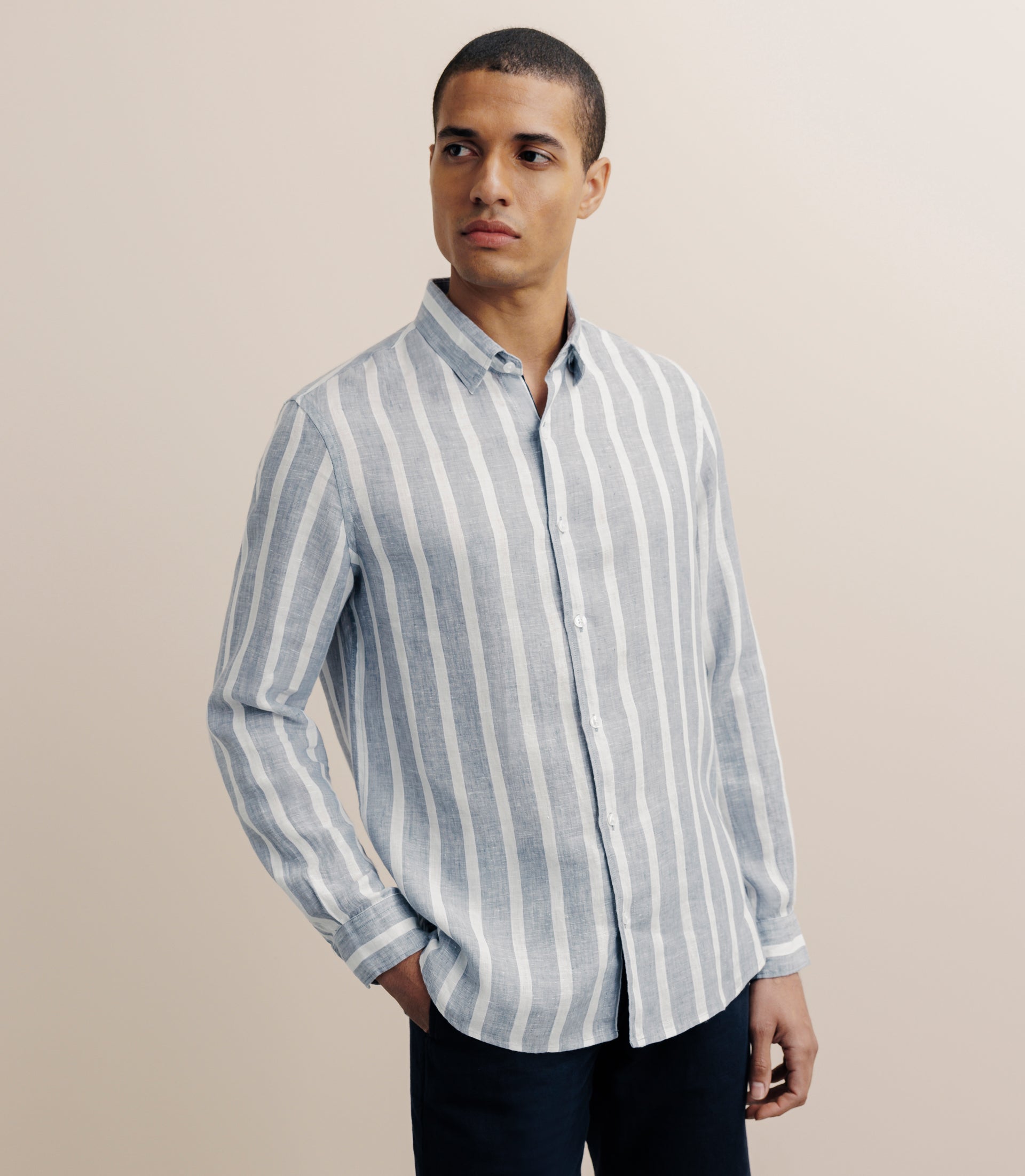 Chemise rayée en lin bleue - IZAC