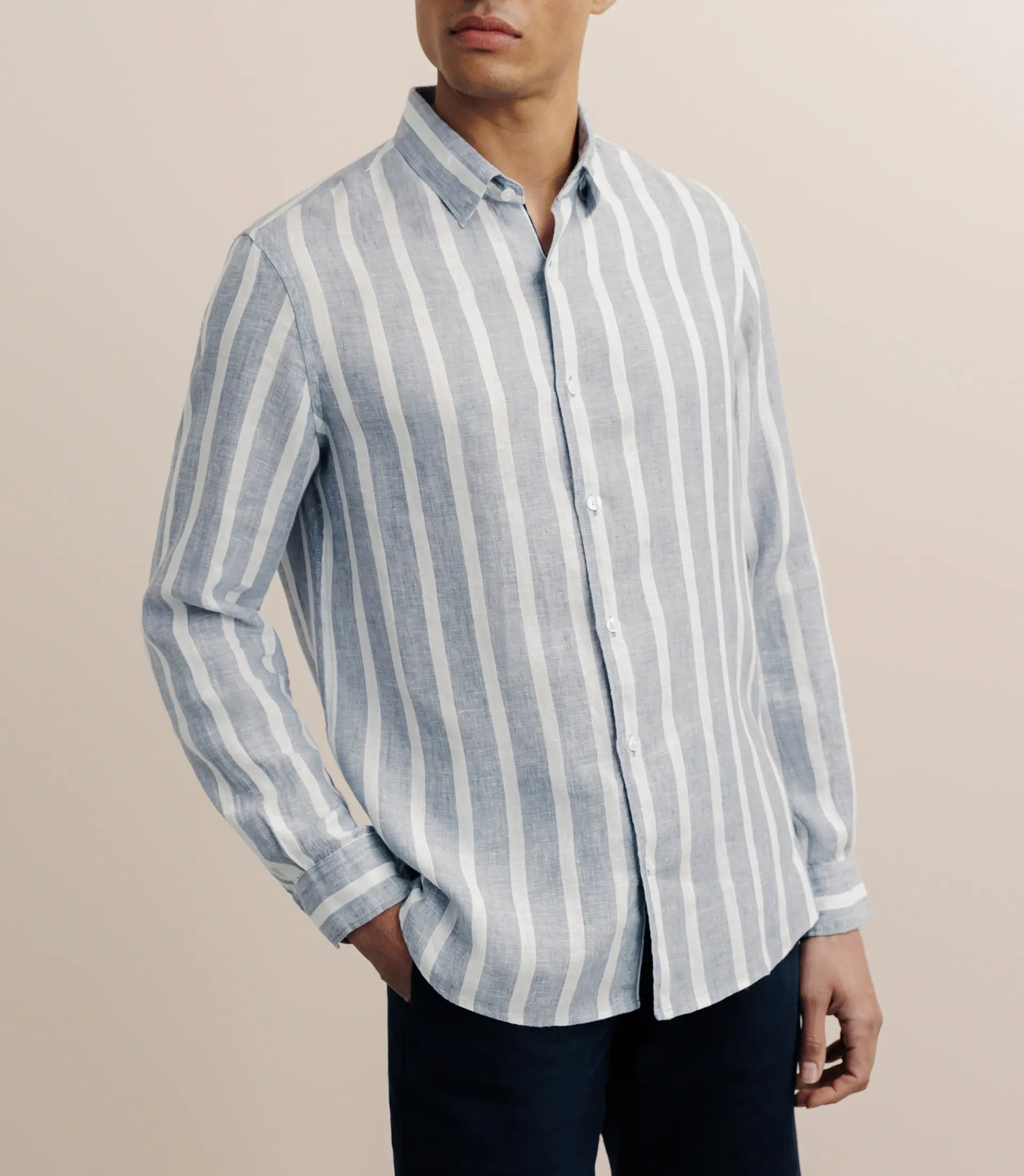 Chemise rayée 100% lin bleue - IZAC