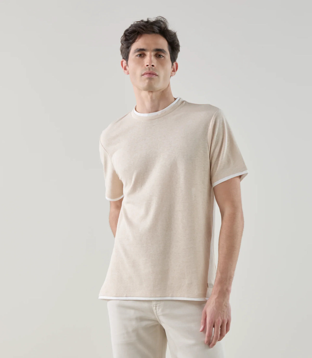 T-shirt à manches courtes double col beige - IZAC