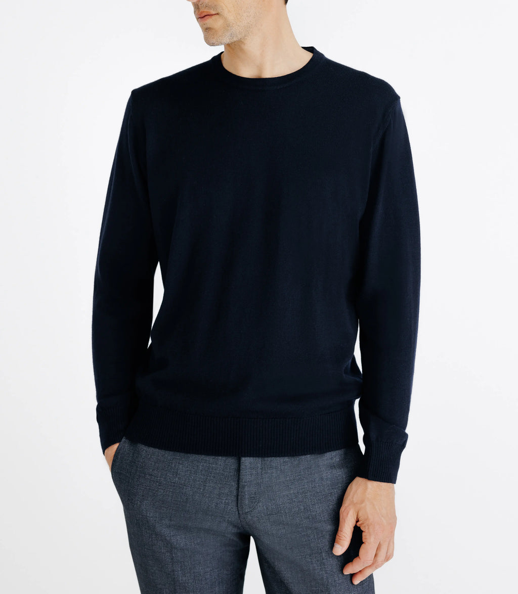 Pull en laine mérinos col rond marine - IZAC