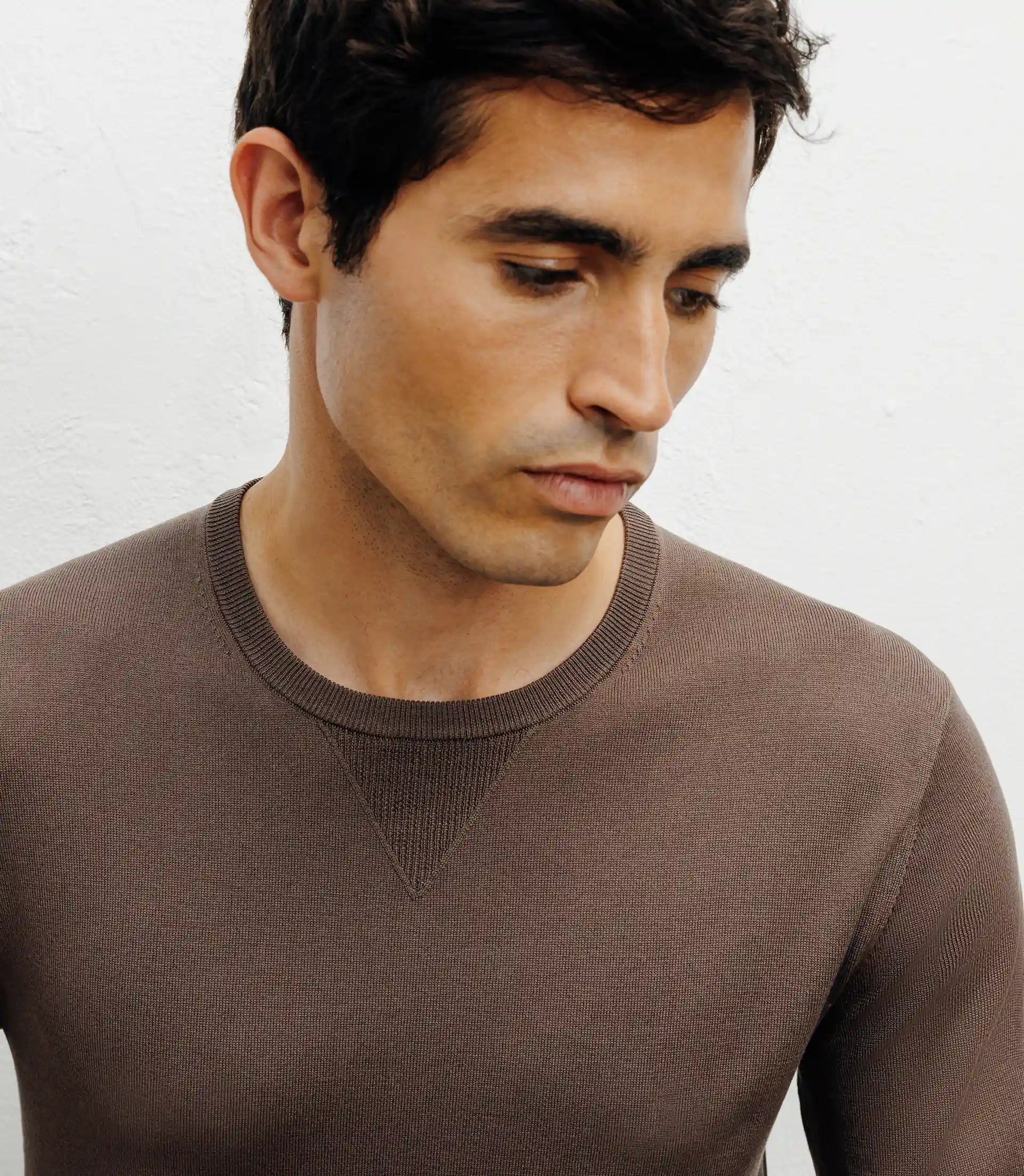 Pull manches longues col rond en maille chatain - IZAC