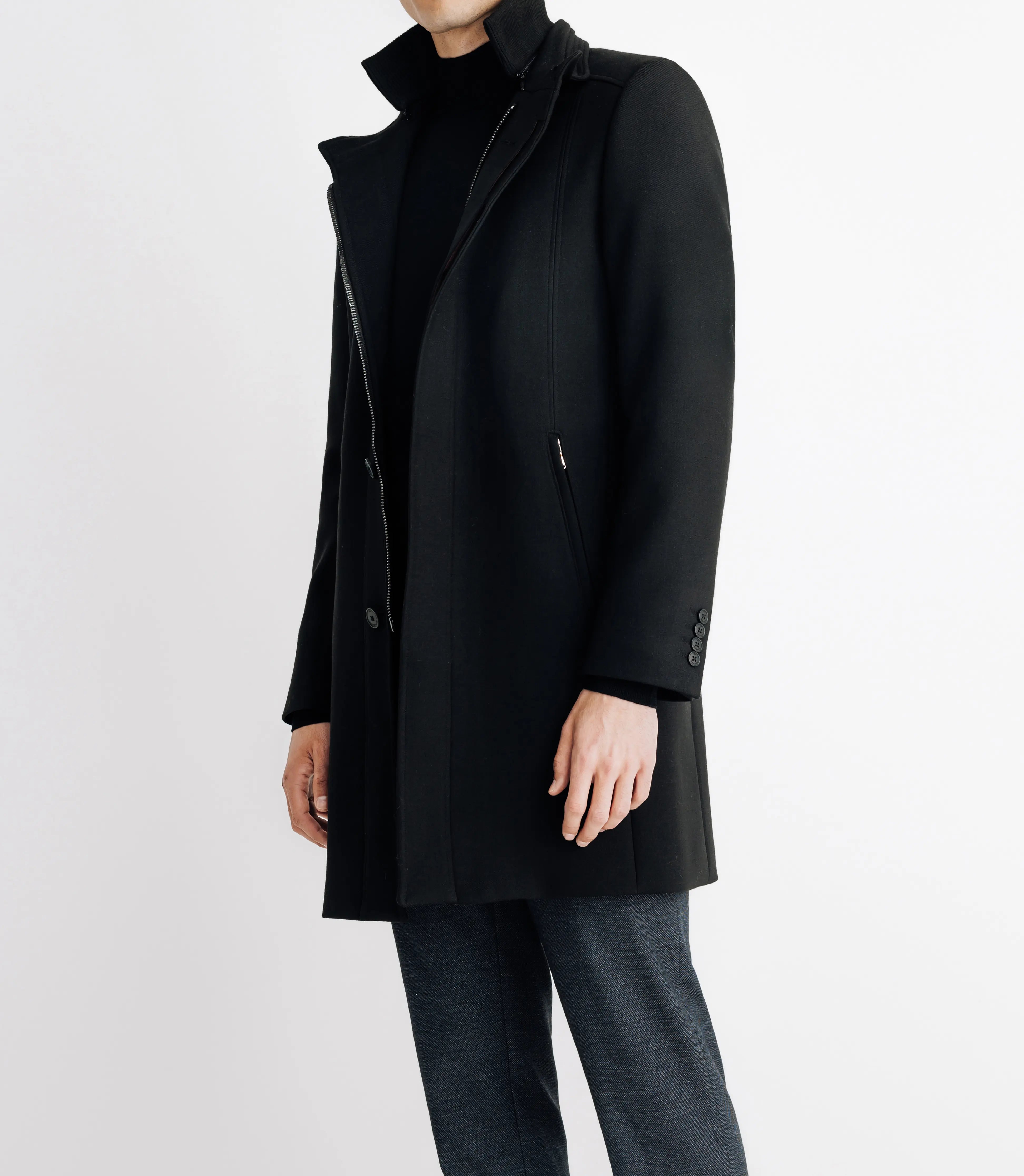 Manteau ville droit à col montant noir - IZAC