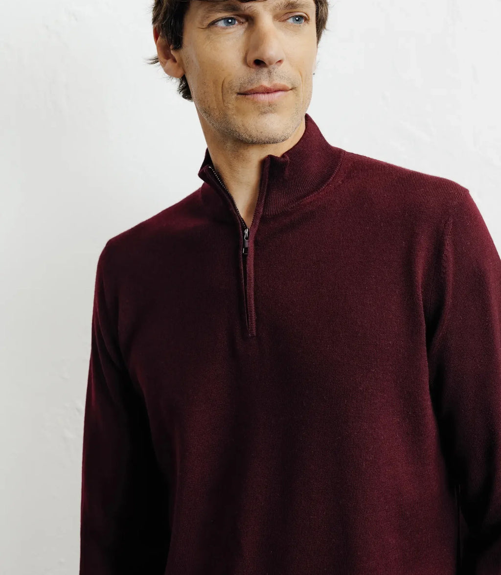 Pull à col demi zippé mérinos bordeaux - IZAC