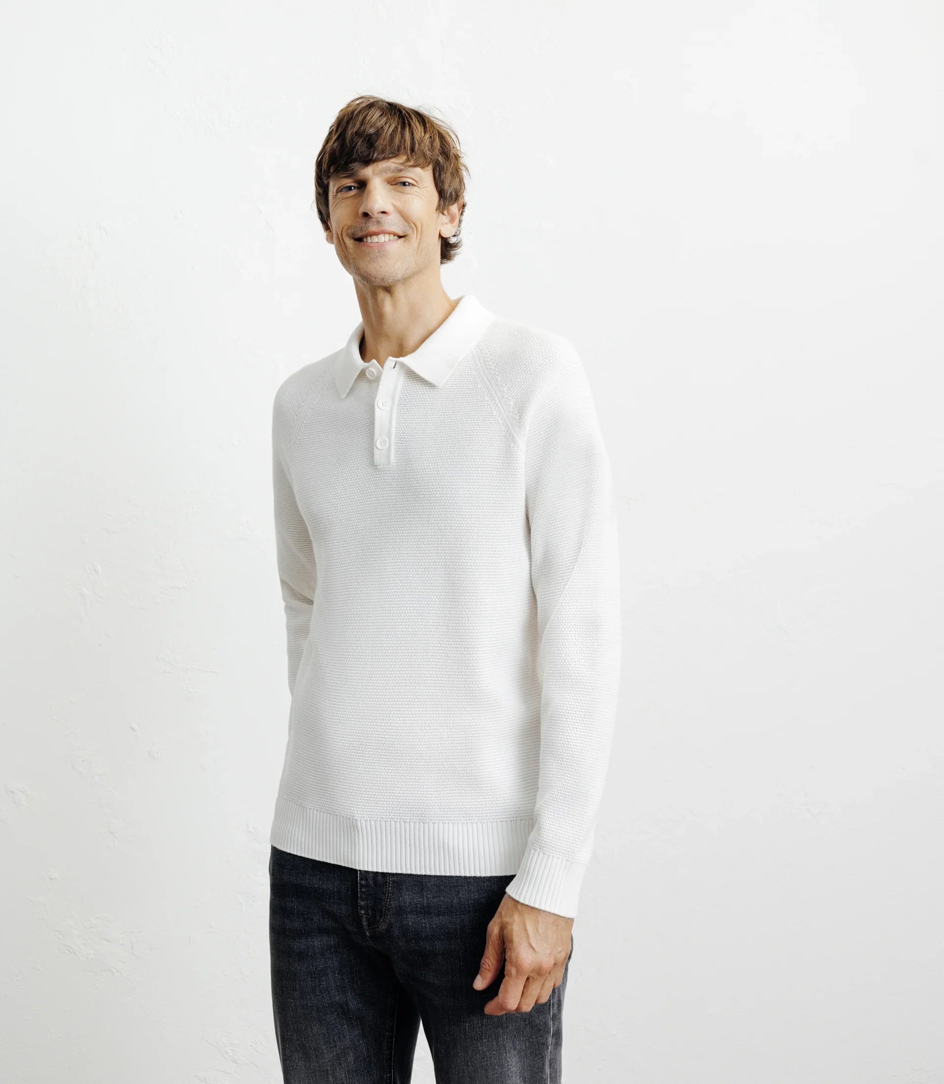 Pull col polo boutonné jeux de points écru - IZAC