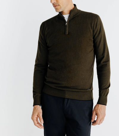 Pull coton/cachemire col zippé kaki - IZAC