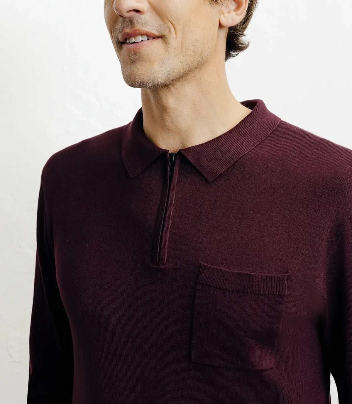 Pull col polo zippé en maille fine bordeaux foncé - IZAC
