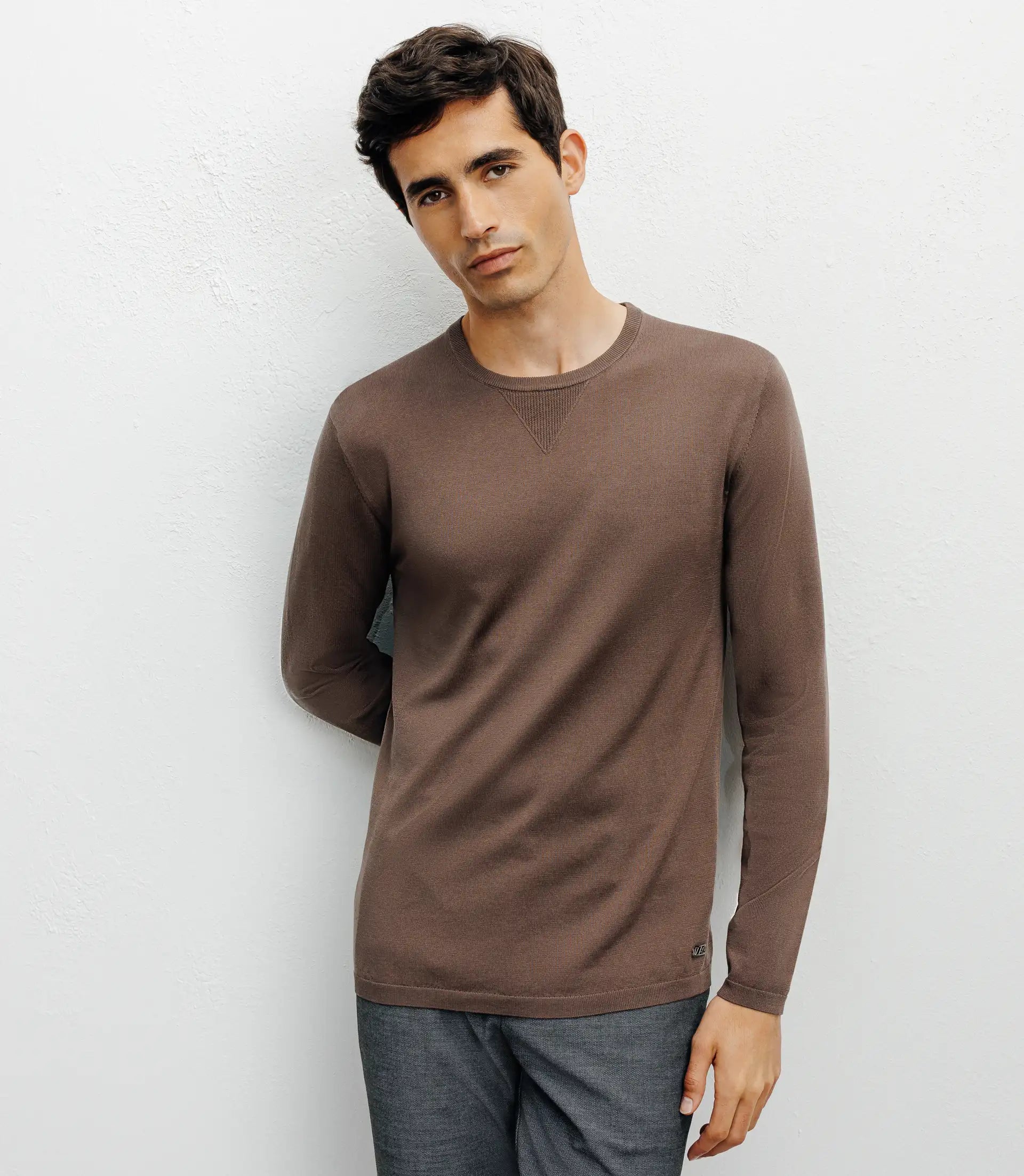 Pull manches longues col rond en maille chatain - IZAC