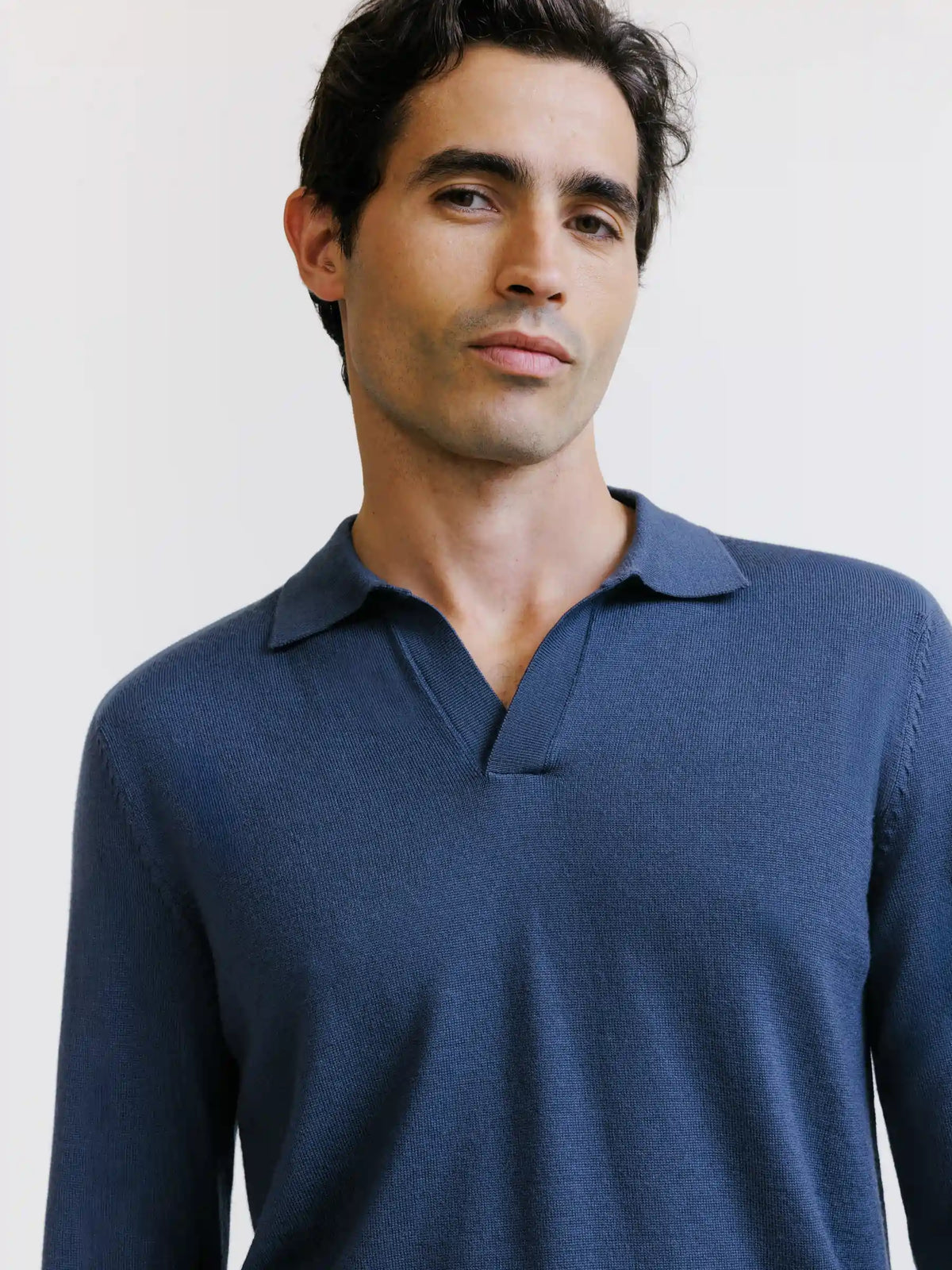 Pull col polo en laine mérinos bleu gris - IZAC