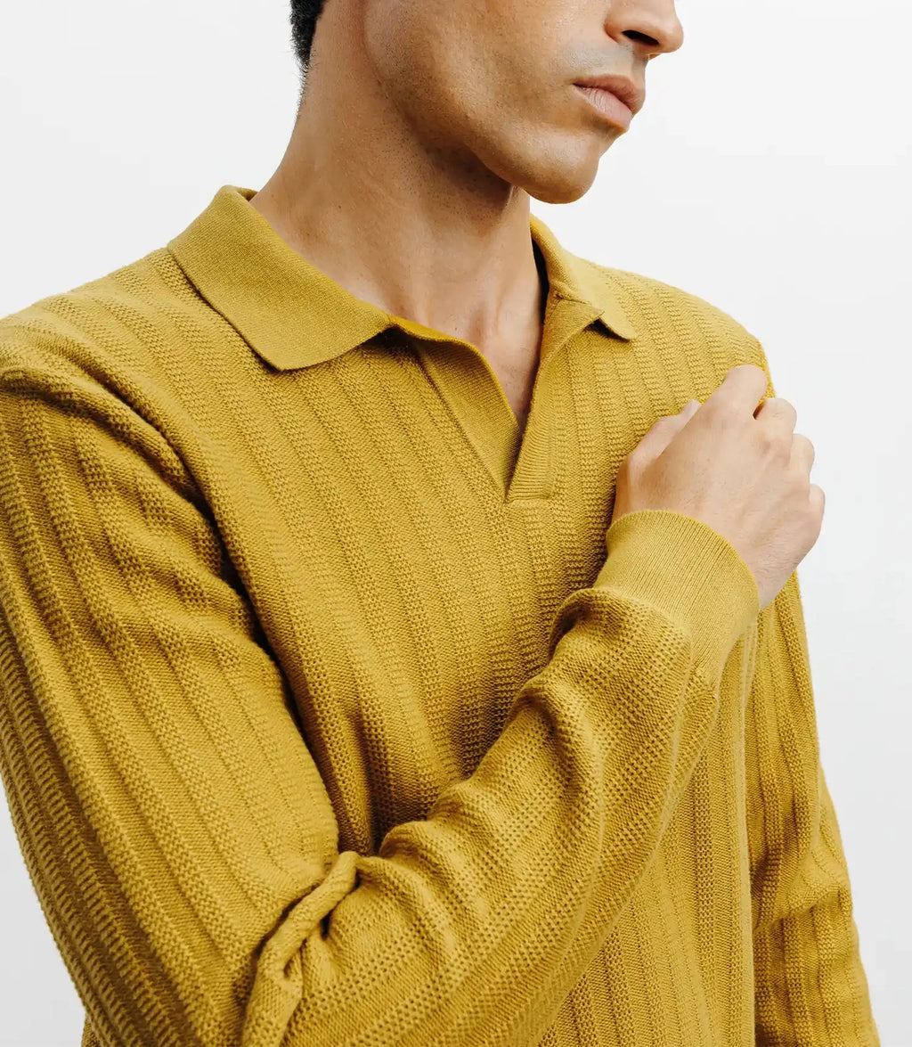Pull col polo ouvert jeux de points jaune - IZAC