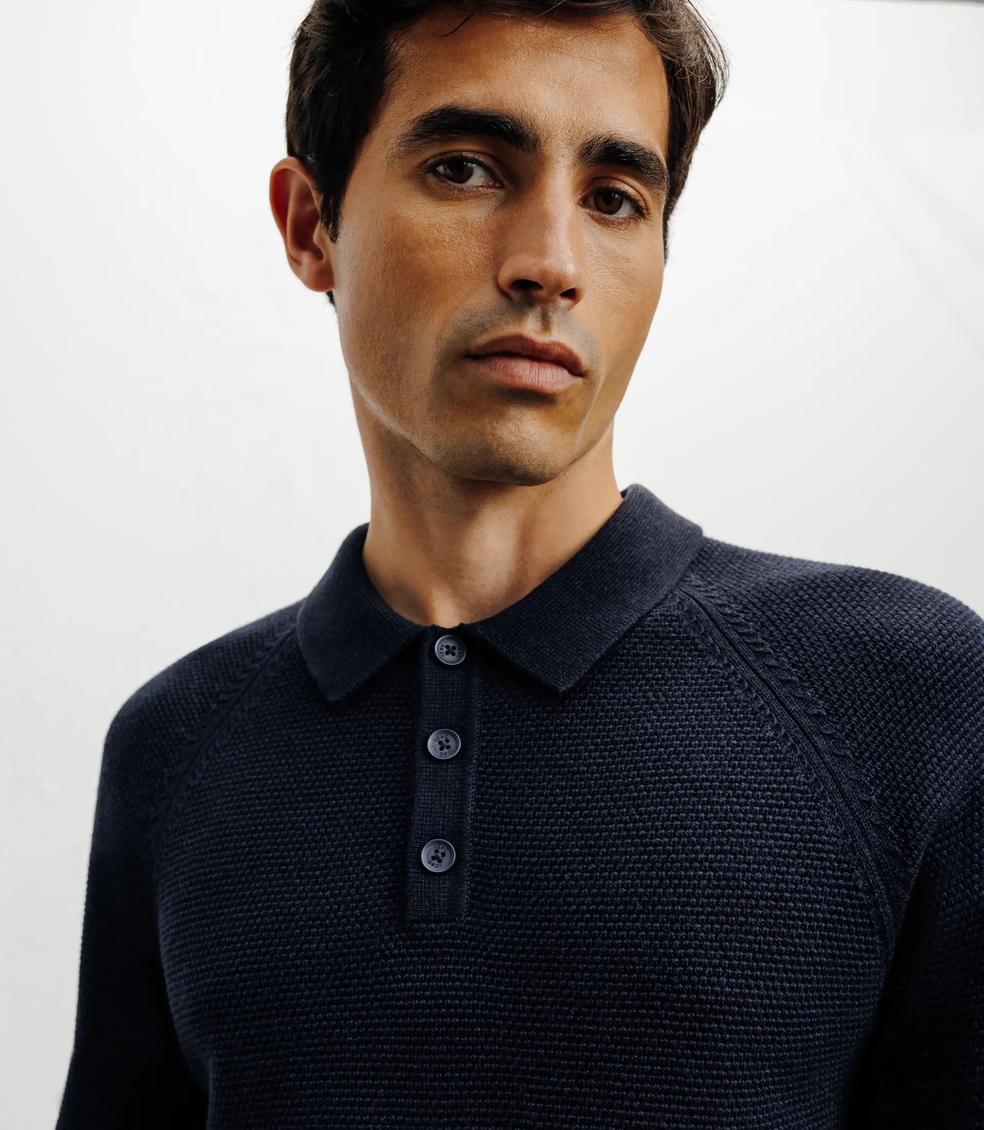 Pull col polo boutonné jeux de points marine - IZAC