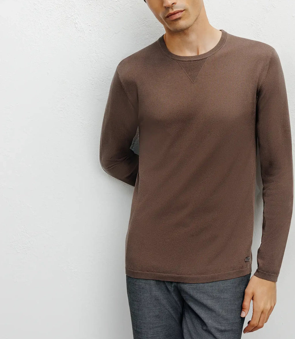 Pull manches longues col rond en maille chatain - IZAC