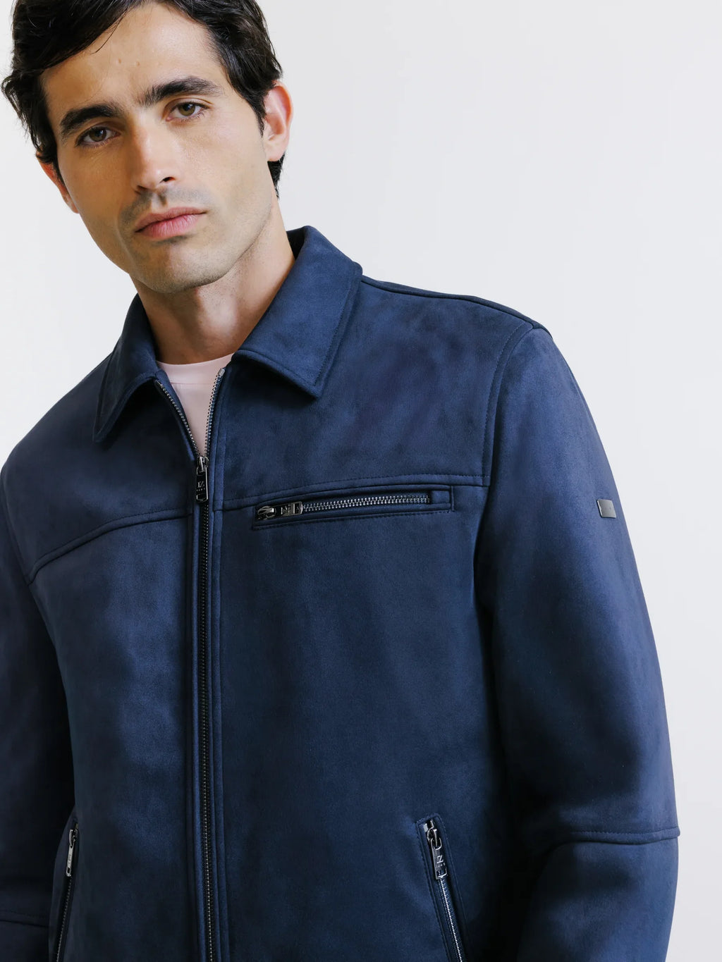 Blouson col chemise en suède marine - IZAC