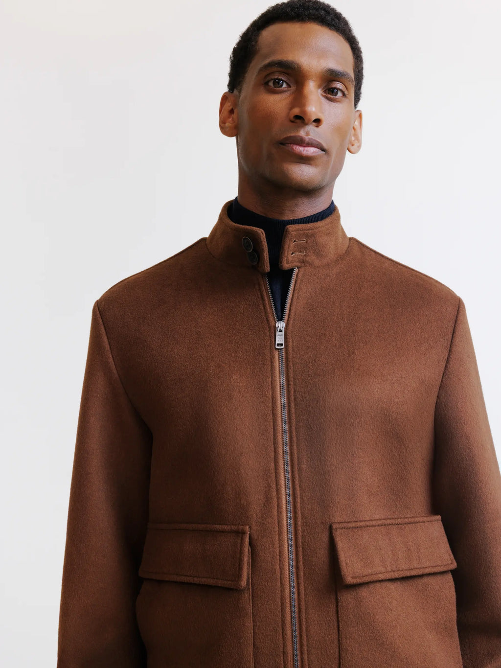Blouson col motard en laine mélangée marron - IZAC