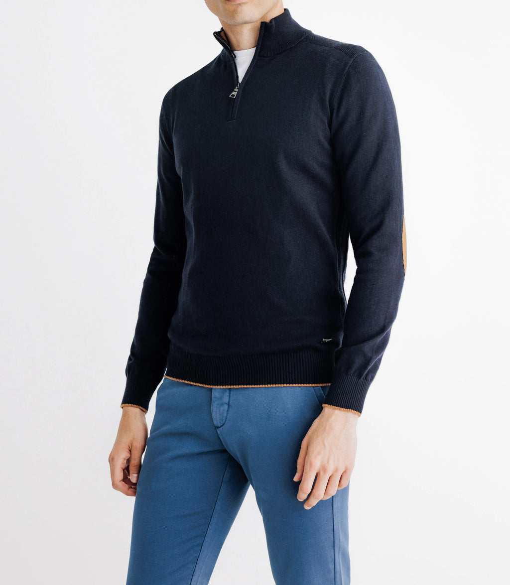 Pull coton/cachemire col zippé bleu marine - IZAC