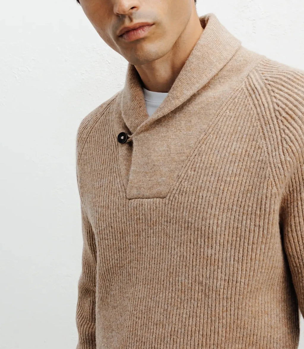 Pull en laine col châle beige - IZAC