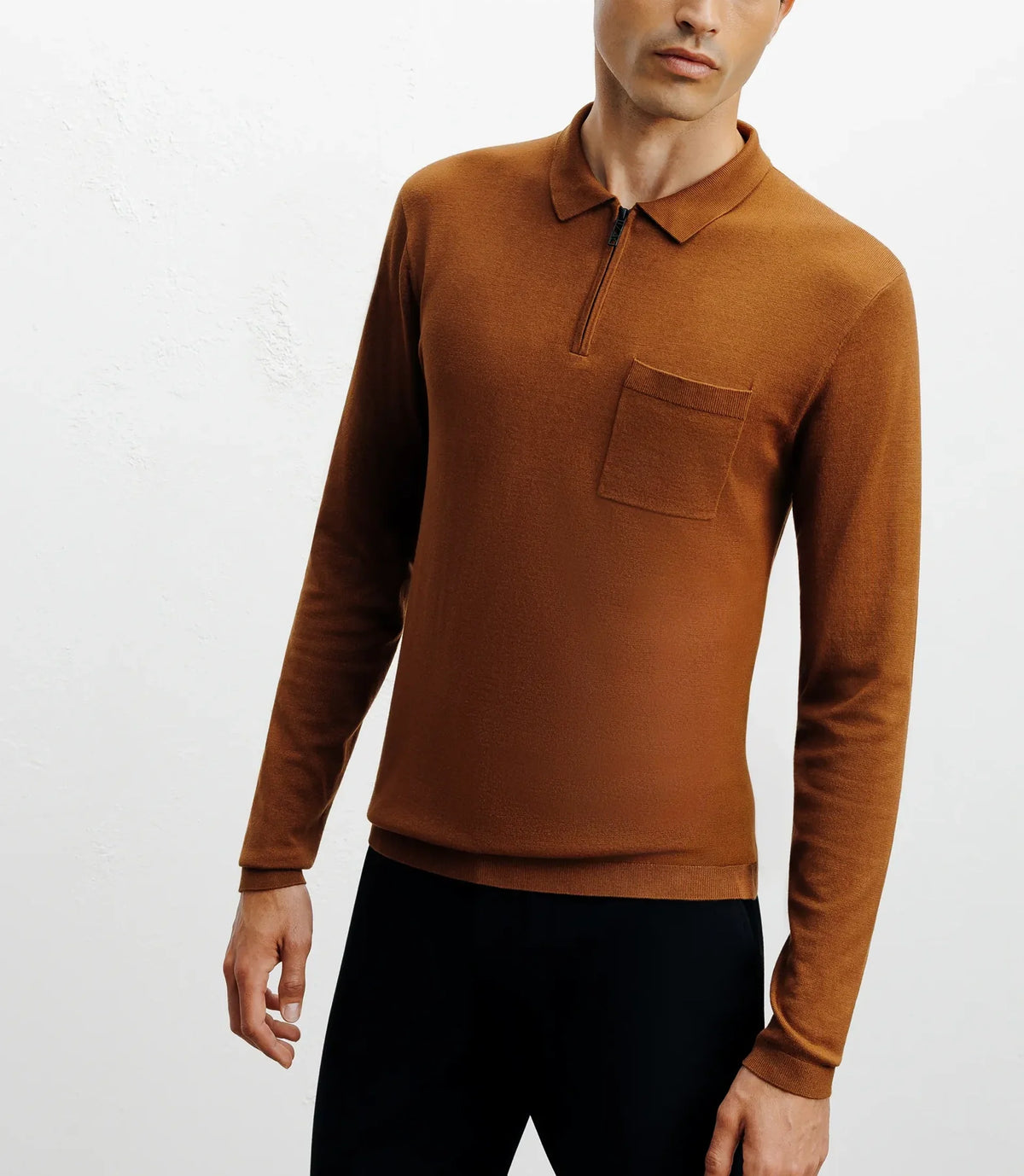 Pull col polo zippé en maille fine bronze - IZAC