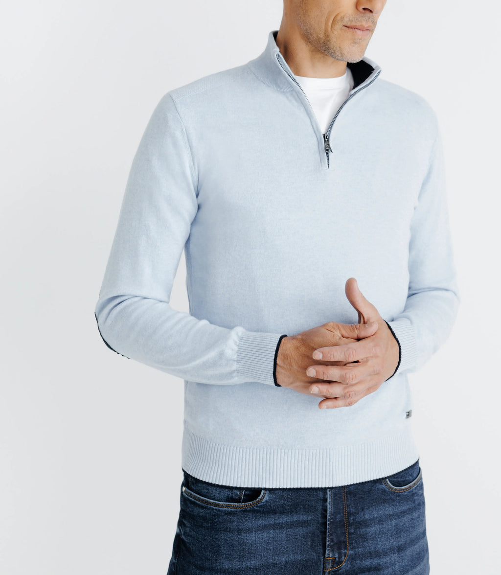 Pull coton/cachemire col zippé bleu ciel - IZAC