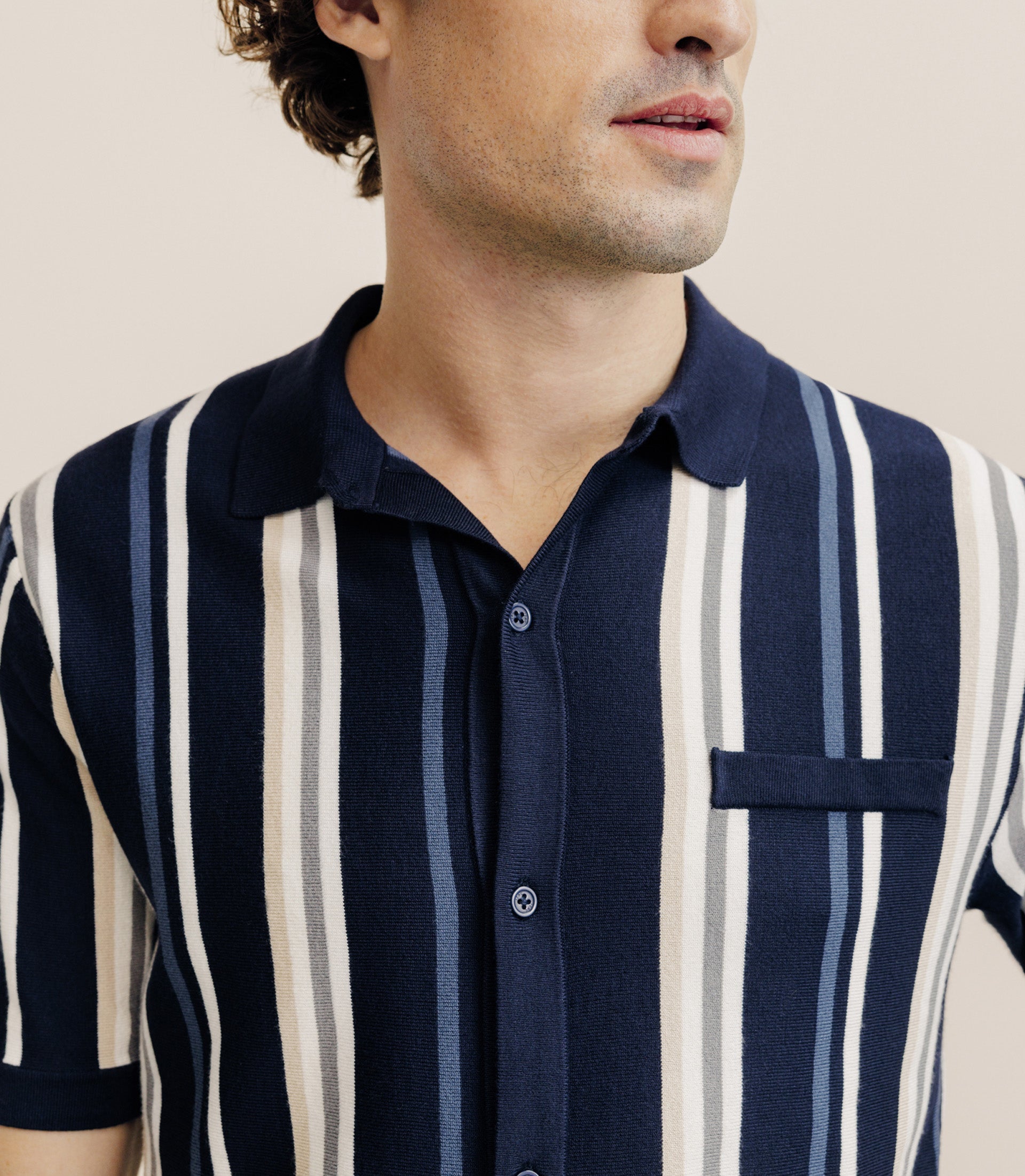 Polo boutonné en maille rayé marine - IZAC